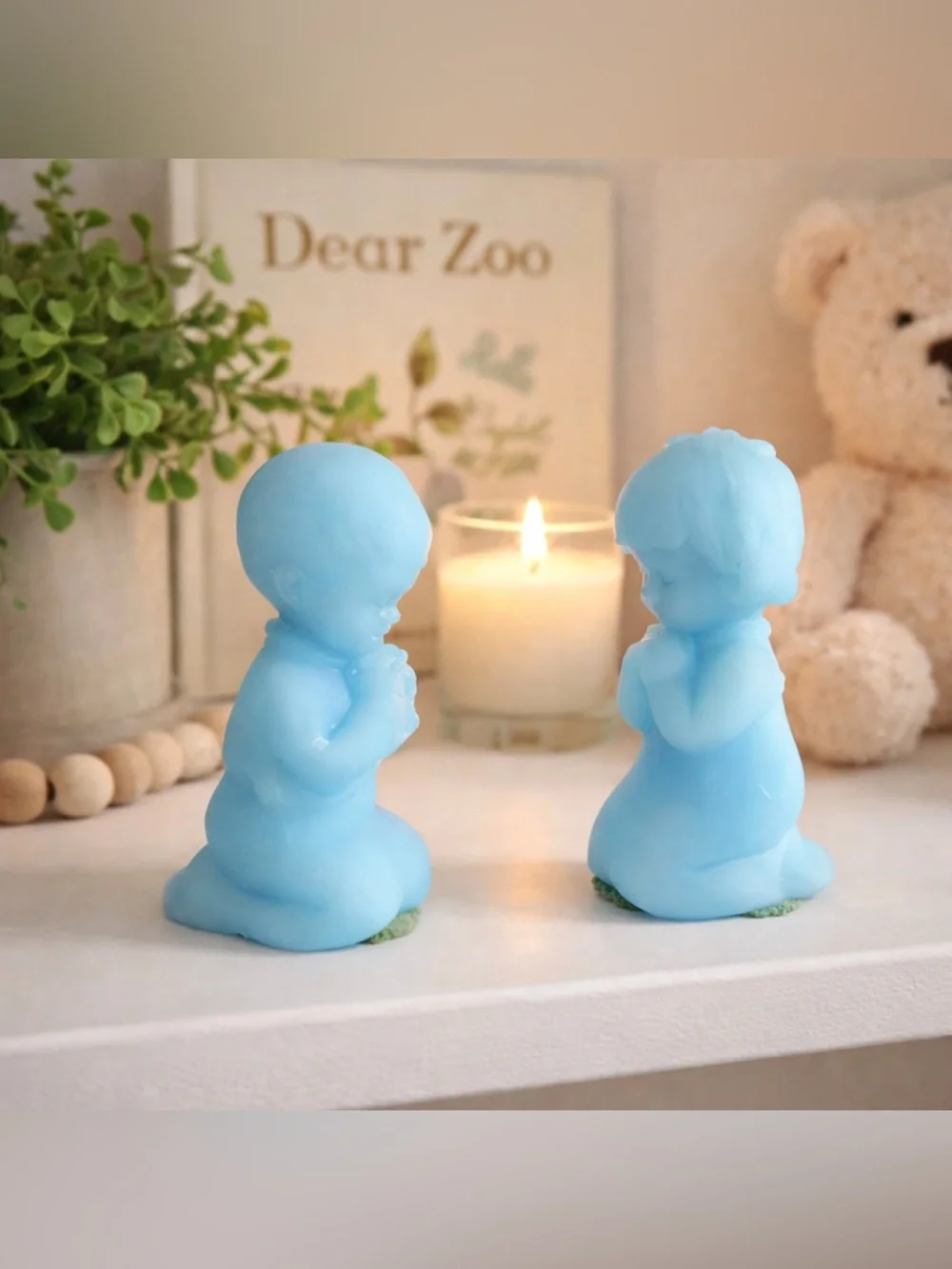 Vintage Fenton Blue Satin Glass Praying Children Figurines Set
